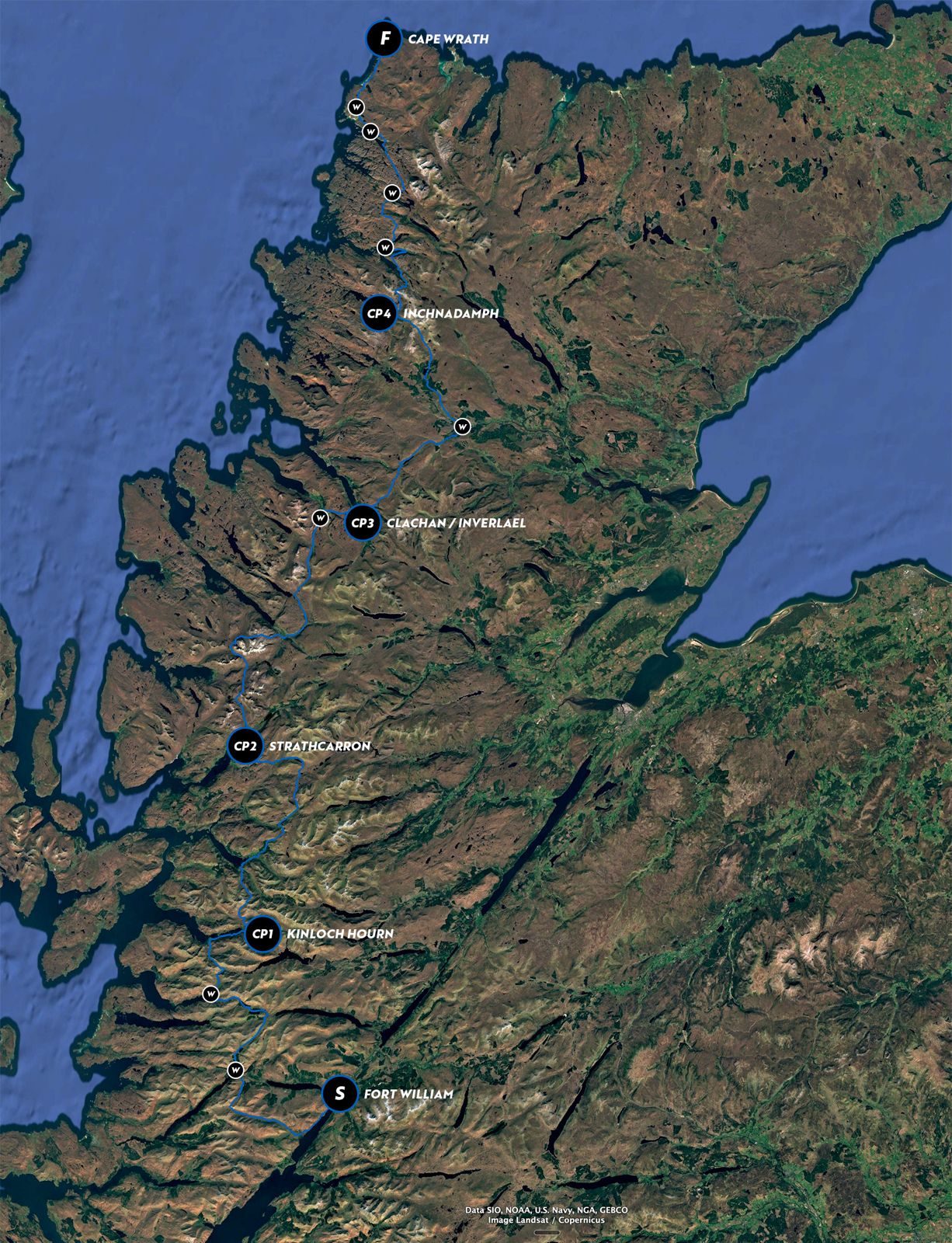 Map of The Wrath route, Fort William to Cape Wrath via the Cape Wrath Trail, with checkpoints marked